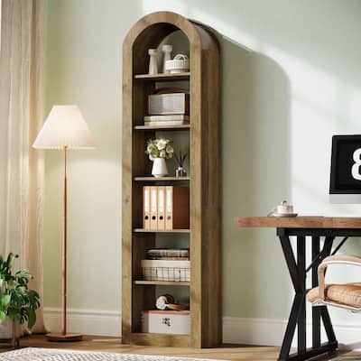 6-Tier Wooden Tall Bookshelf, 74.8 Inches Rustic Arched Bookcase