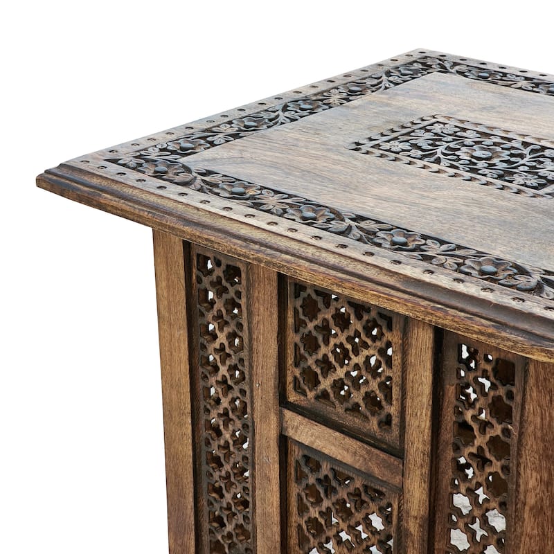 21 Inch Boho Side End Table, Floral Carved Details, Foldable Panel Legs, Natural Walnut Brown