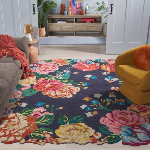 slide 2 of 15, SAFAVIEH Hand-Tufted Jardin Cassilda Country Wool Rug 3' x 5' - Navy/Pink - Rectangle