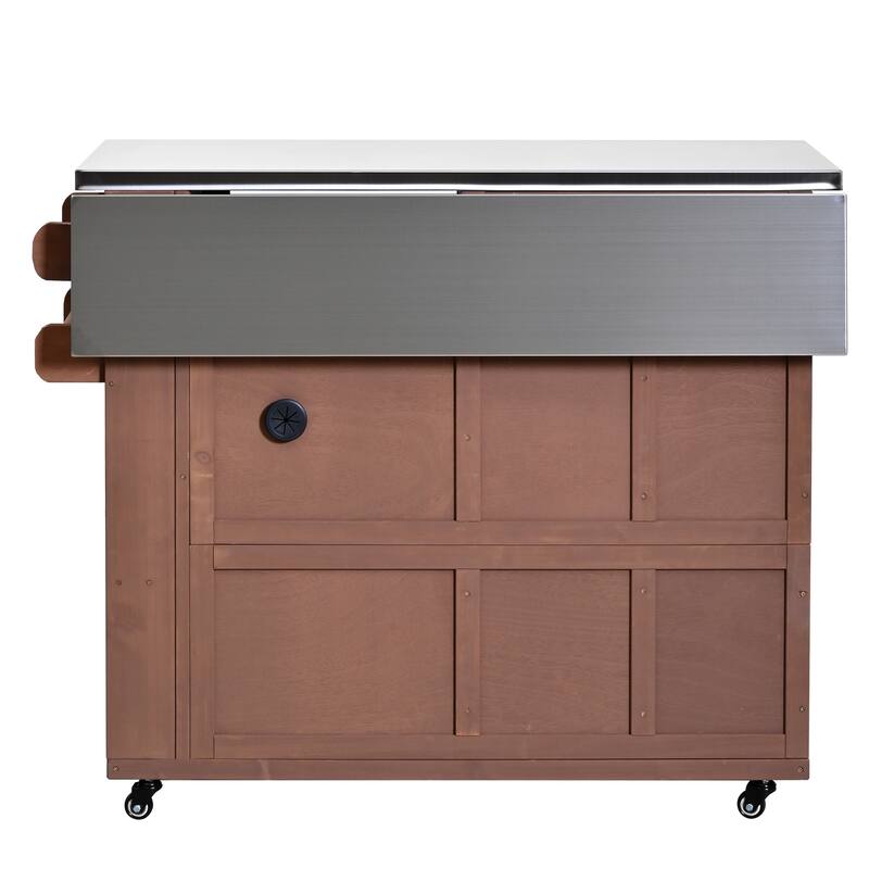 Outdoor Solid Wood Extendable Kitchen Island with Stainless Steel Top, Side Spice Rack, Drawers & Storage Cabinet
