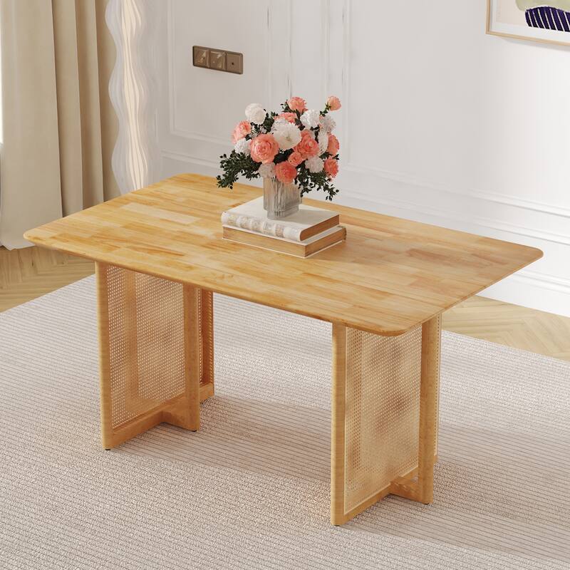 Chinese Retro Country Style Solid Wood & Imitation Rattan Dining Table, Modern Simple Wooden Table
