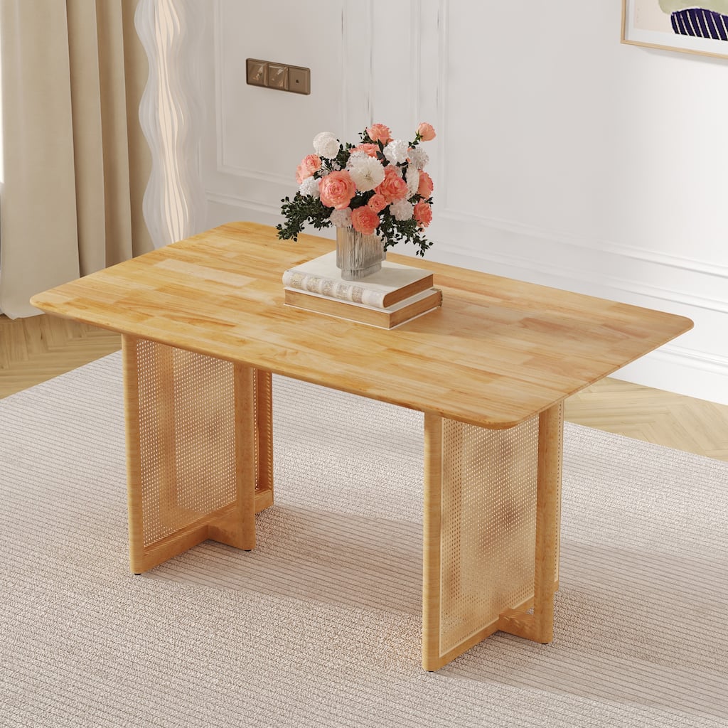 Roomfitters Retro Solid Wood Dining Table with Rattan Style Design for Dining Room Living Room or Office