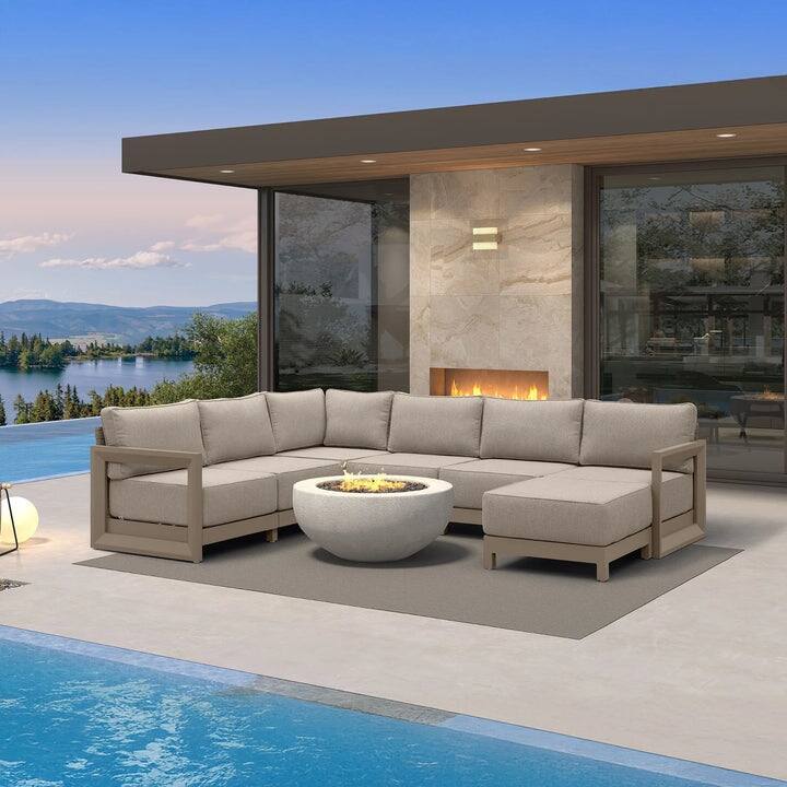 PURPLE LEAF Caesar Sectionals Sofas Khaki with 9.6" Thick Cushion and Table for Living Room Furniture Patio Conversation Sets - 6 Seats+1 Ottoman - Reversible