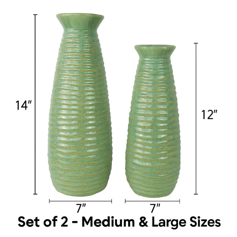 Set of 2 Avocado Green Ceramic Cylinder Vases with Matte Finish Decor