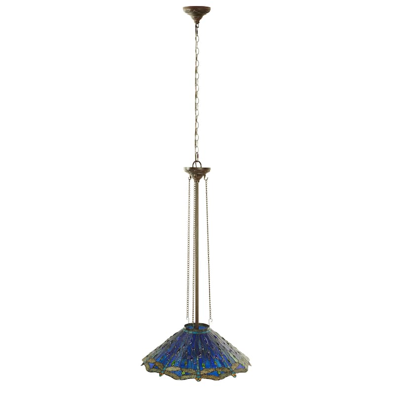 Dragonflies River of Goods Tiffany-Inspired Blue and Green Stained Glass and Metal 24-Inch Hanging Pendant Light