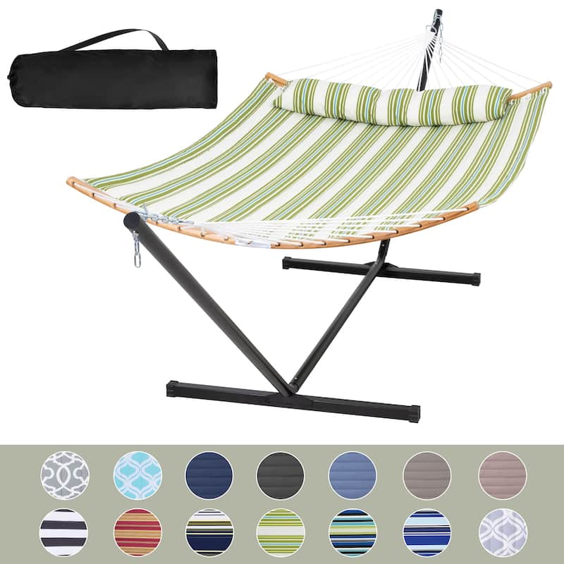 2-person Outdoor Hammock with Stand & Pillow - Light Green Stripes
