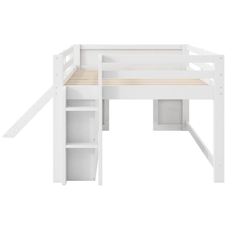 Full Size Low Loft Bed With Slide,3 Storage Drawers And Two Doors