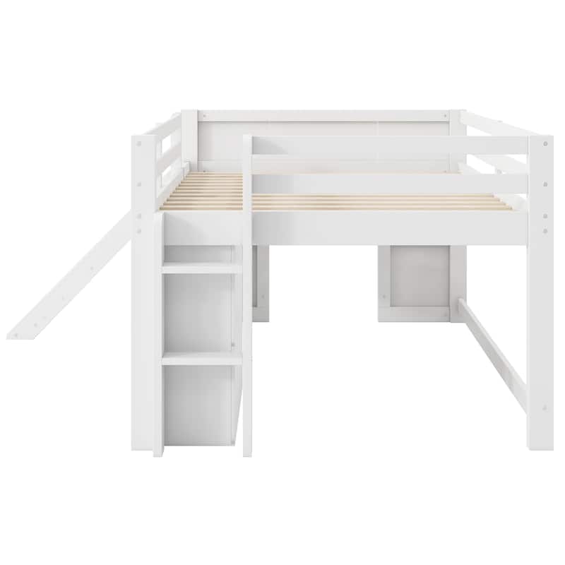 Full Size Pinewood Low Loft Bed with Slide, 3 Storage Drawers and 2 Doors