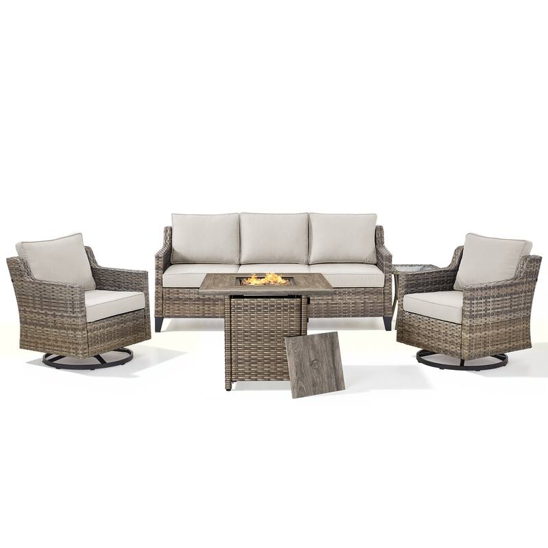 Pocassy 5-Piece Outdoor Sofa Siwvel Chair w/ Fire Pit Table