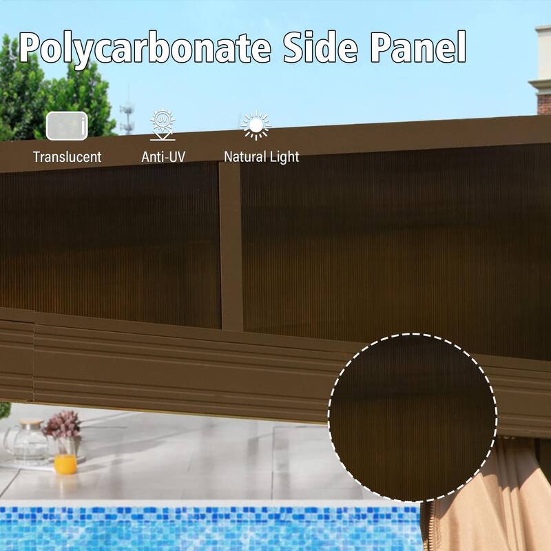 10x14FT Wall Mounted Metal Roof Gazebo with Gutters, Netting, and Privacy Curtains