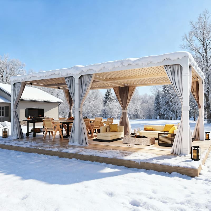 Outdoor Louvered Pergola, Outdoor Patio Hardtop Gazebo, Adjustable Metal Roof Curtains and Netting Included