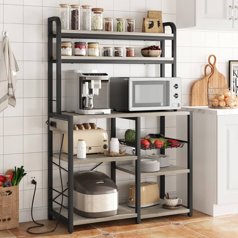 Kitchen Buffet Table with Large Storage with Power Outlet - Grey