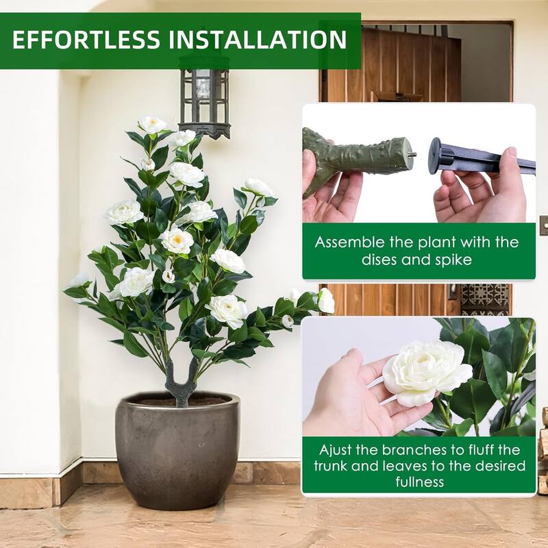 35.4" Artificial Topiary Flower with Ground Spike Set of 4,PE Fake Plants with Metal Stakes