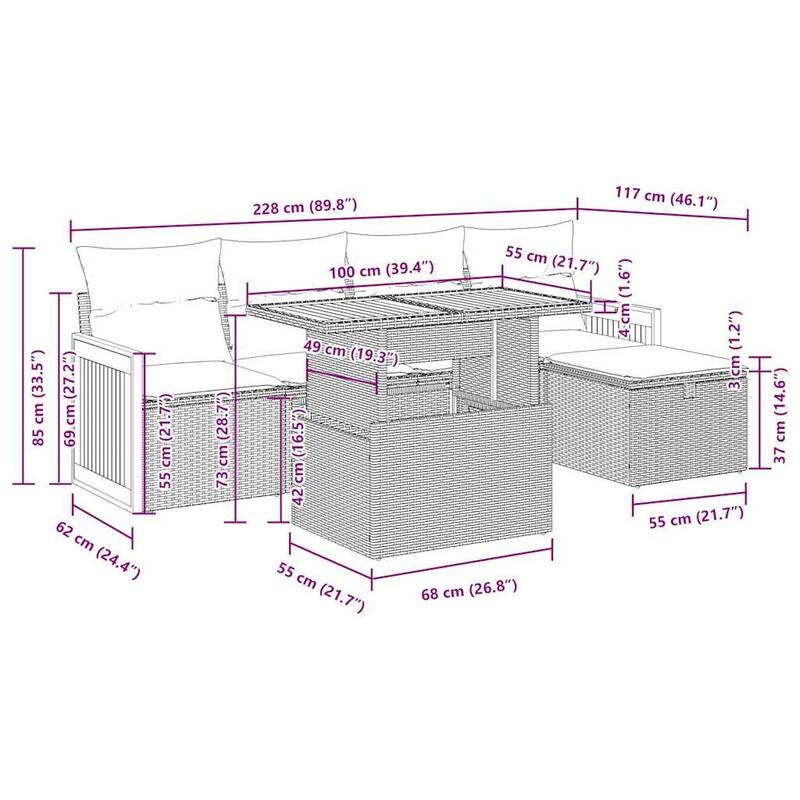 vidaXL Patio Sofa Set with Cushions Outdoor Furniture 6 Piece Poly Rattan