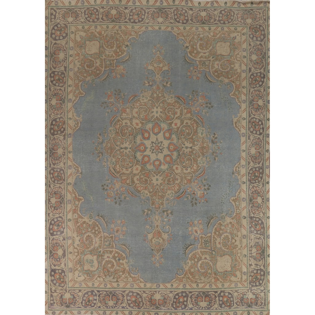 Blue Tabriz Persian Area Rug Hand-Knotted Medallion Wool Carpet - 9'3"x 12'4"