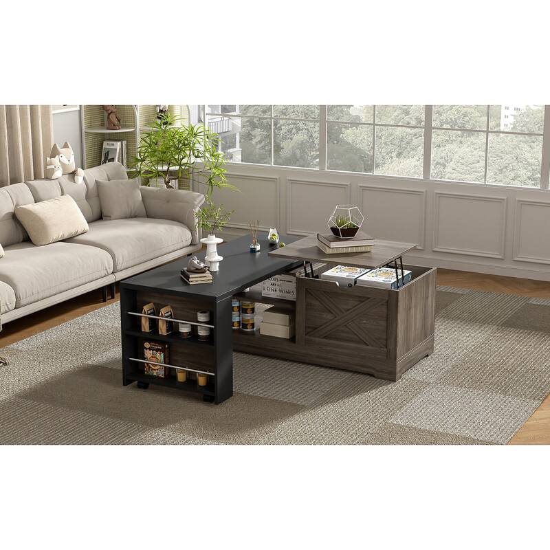 Farmhouse Lift Top Coffee Table, Wood Rectangular Center Table with Hidden Storage, Barn Doors, Open Cabinet
