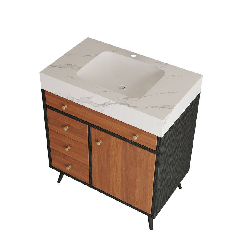 GDFStudio - Bristol Modern 29.9" Freestanding Bathroom Vanity with Sintered Stone Top, Ceramic Sink & Stainless Steel Legs