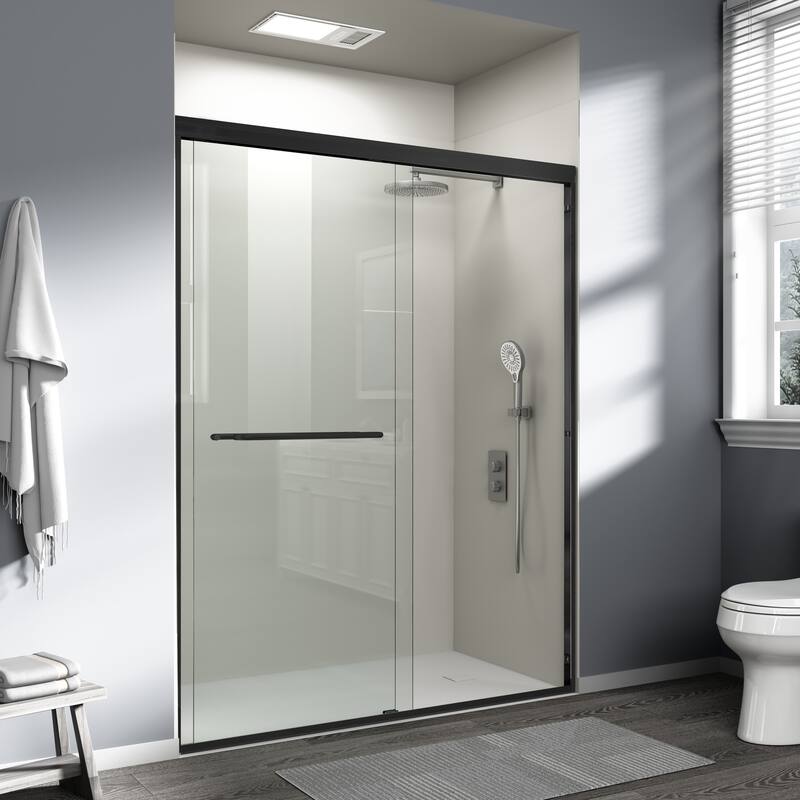 ABRUZZO 56-60" W x 72" H Semi-Frameless Double Sliding Tempered Glass Shower Door with Dual Towel Bars