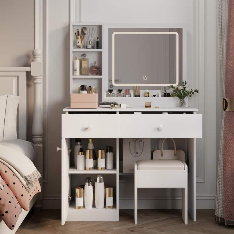 White Vanity Table and Stool Set with Charing Station, Makeup Vanity Desk with Mirror and Lights