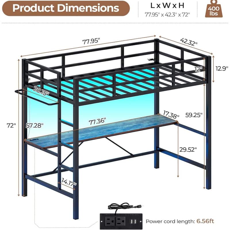 Loft Bed with Desk Gaming Bunk Bed LED Lights Charging Station