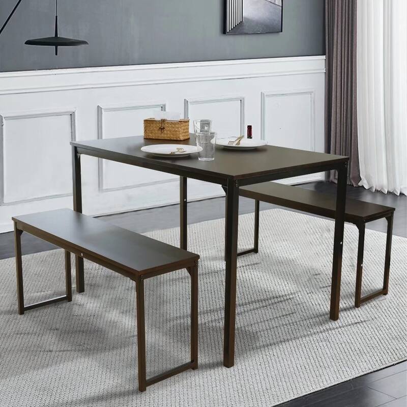 3 Piece Kitchen Table Set with Two Benches Dining Room Table Set 4 - Black