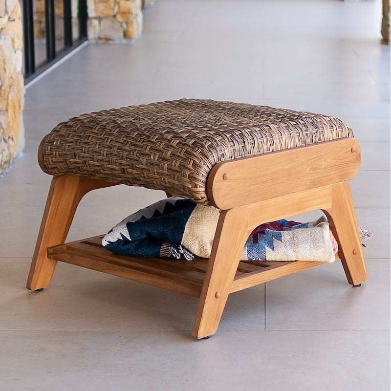 Cambridge Casual Camden Teak Outdoor Ottoman with Padded Woven Seat and FREE Patio Cover