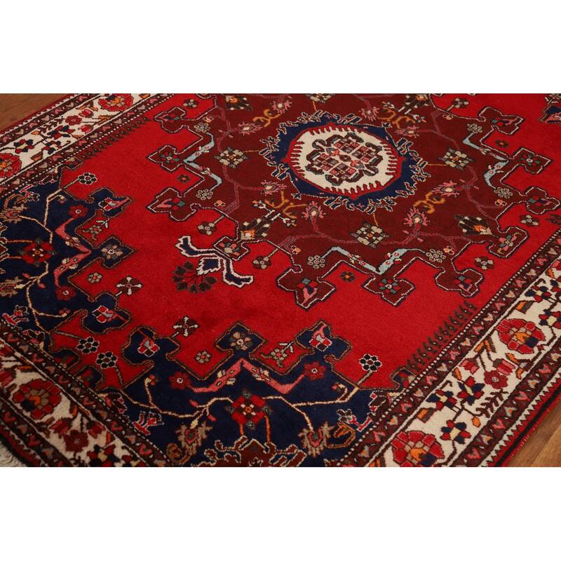 Red Geometric Hamedan Persian Rug Handmade Wool Carpet - 4'8"x 6'4"