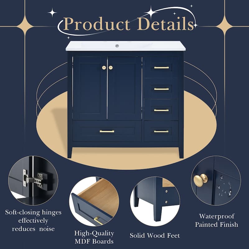 36 inch MDF Freestanding Bathroom Vanity Set in Blue with Integrated Resin Sink - 36'' x 18'' x 34''
