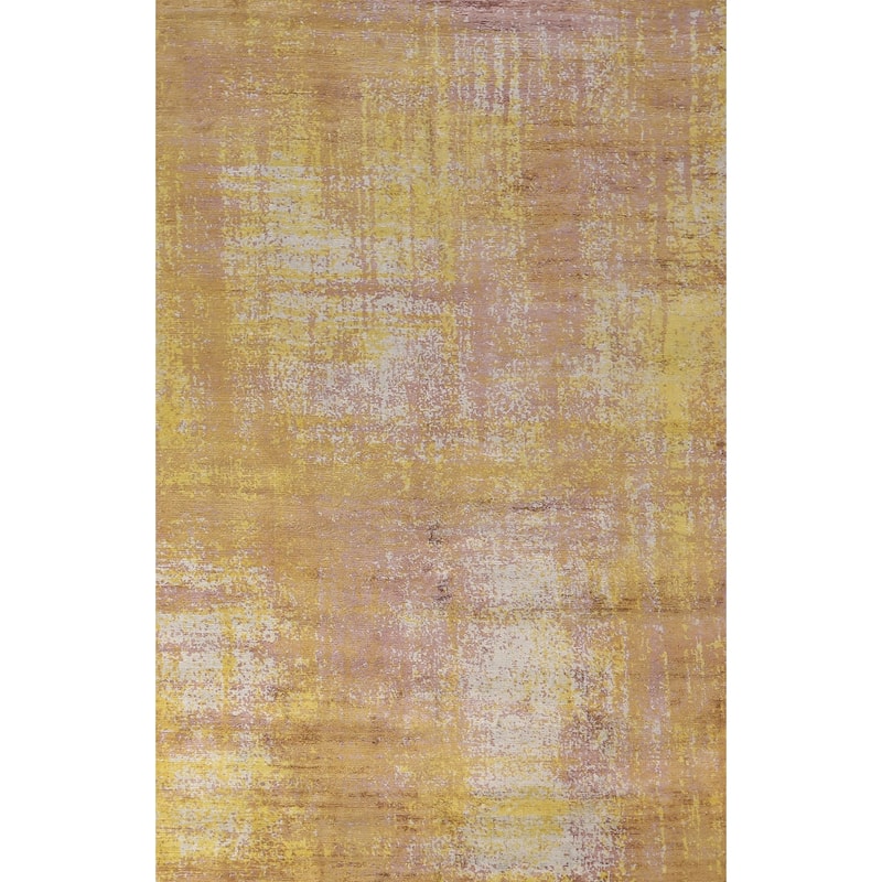 Contemporary Indian Area Rug Handmade Abstract Yellow Wool Carpet - 5'0" x 7'11"