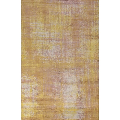 Contemporary Indian Area Rug Handmade Abstract Yellow Wool Carpet - 5'0" x 7'11"