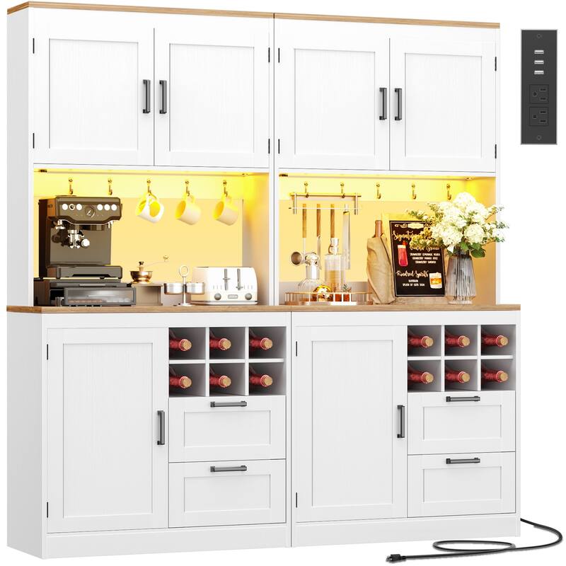 Farmhouse 72" Tall Kitchen Pantry Cabinet with Charging Station, Coffee Bar Cabinet with Hutch and LED Light