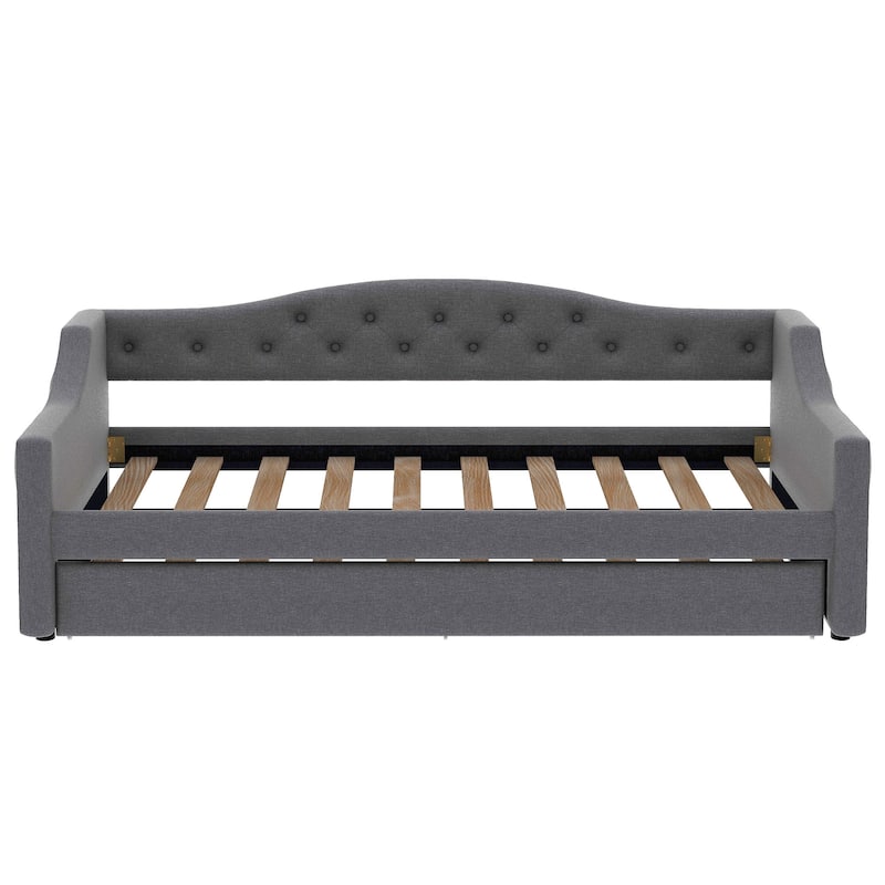 Linen Fabric Daybed Sofa Bed with LED Lights on Both Sides, Upholstered Tufted Platform Bed Frame with Trundle Bed