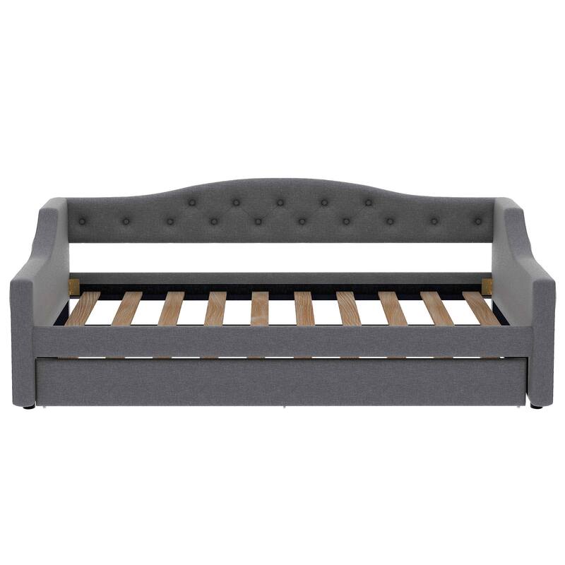 Twin XL Size Daybed, Pull-out Trundle Bed with LED Belt and Slats, Button Backrest Upholstered Platform Bed Frame