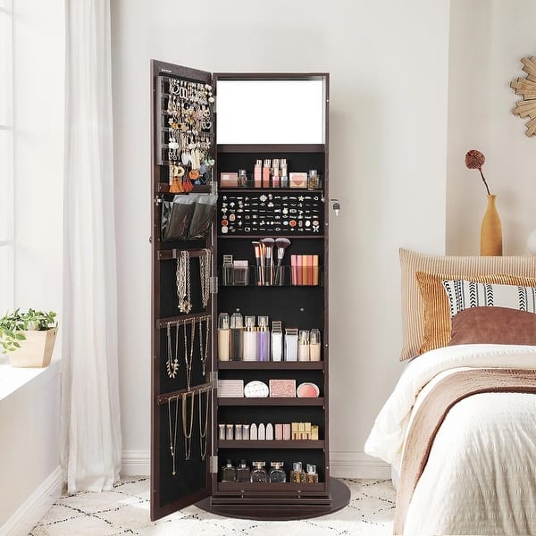 6-LED Light Jewelry Armoire Lockable Wall Door Mounted Mirror Jewelry  Cabinet Armoire Storage Organizer Gift Brown