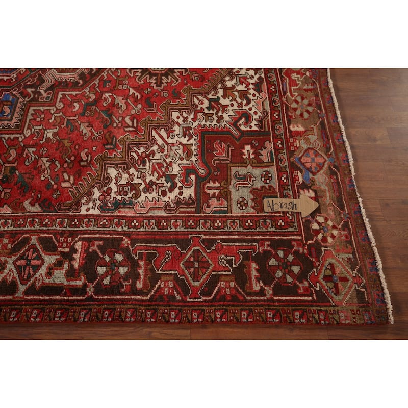Geometric Heriz Persian Vintage Area Rug Hand-Knotted Red Wool Carpet - 7'5"x 10'9"
