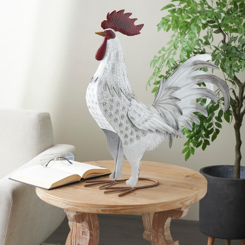 White Metal Rooster Garden Sculpture with Black Texturing and Red Accents - White - 15"W, 18"H