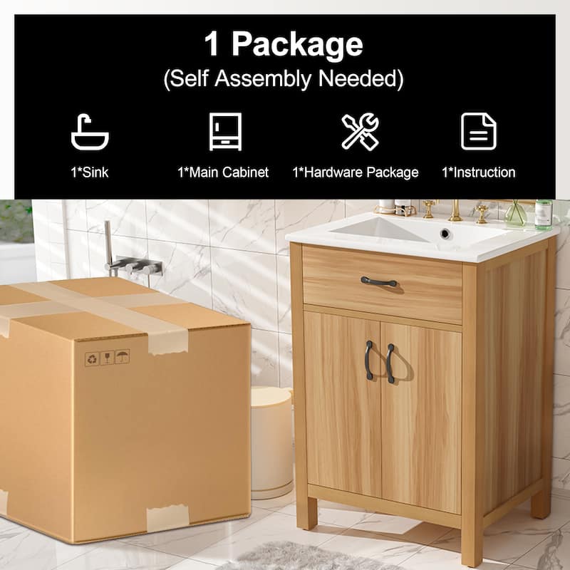 24'' Bathroom Vanity with Ceramic Sink, Solid Wood Frame, Flip Drawer, 2 Soft-Close Doors & Adjustable Shelf