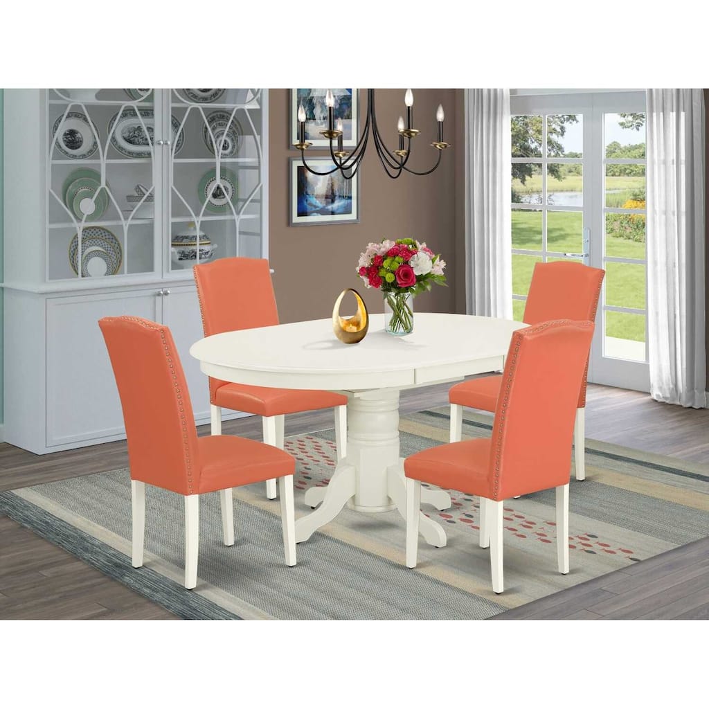 Art Deco Dining Set 5Pc Oval Table & 4 Chairs - Pink Flamingo Linen White Legs