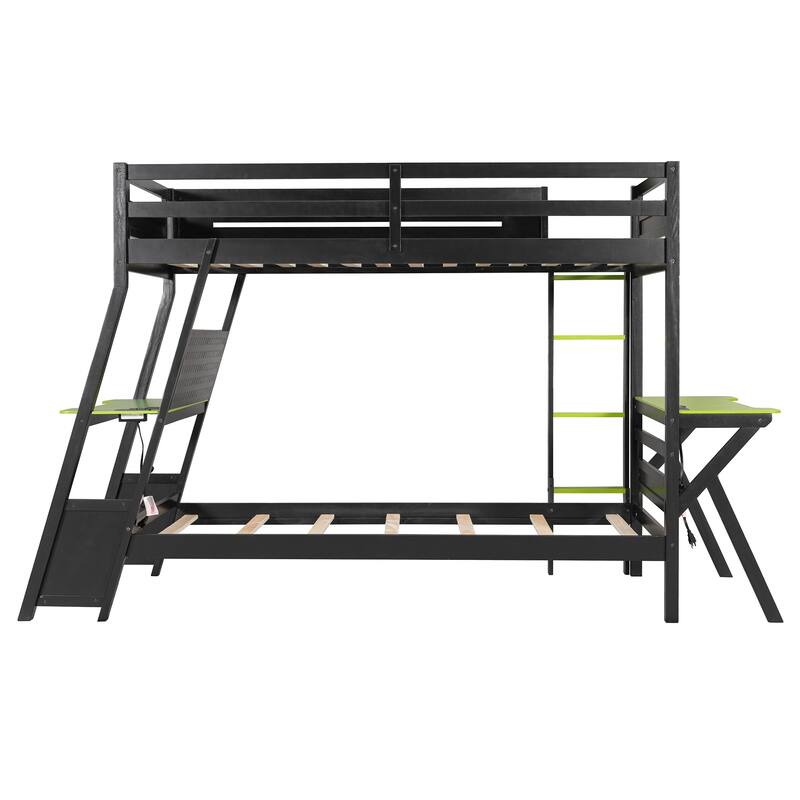 Twin Size Bunk Bed with Two Built-In Gaming Desks, USB Desktop Ports & Pegboard Organizer, Gaming Bunk Frame