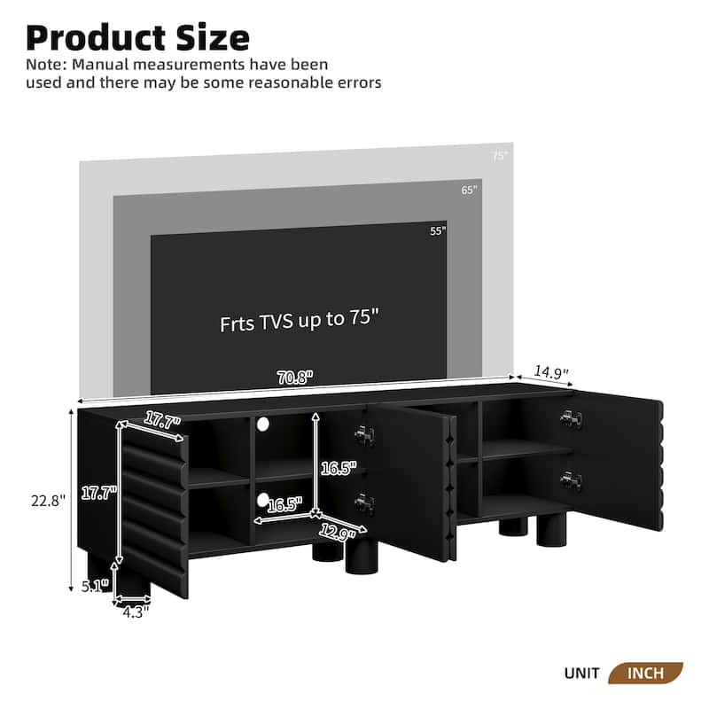 Modern TV Stand for TVs up to 75 Inches with 4 Cabinets, Adjustable Shelves and Cable Holes, for Living Room, Black