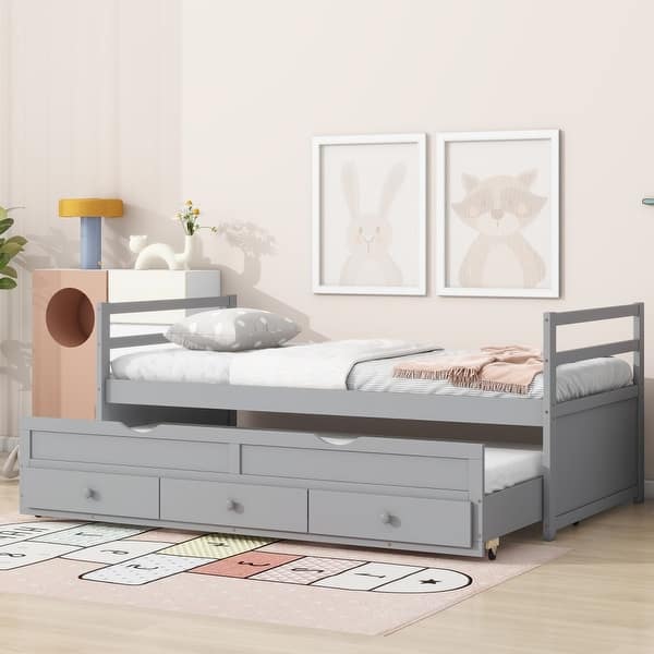 slide 2 of 18, Twin Size Bed with Trundle and Three Storage Drawers
