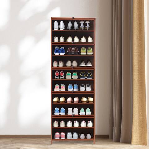 10 Tier Freestanding Shoe Rack Bamboo Shoe Cabinet with Doors - 24*12.6*68in