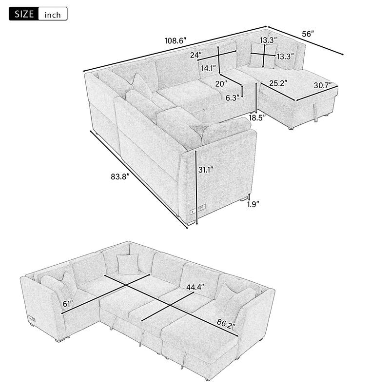 U-shaped Sectional Sofa Pull out Sofa Bed with Two USB Ports, Two Power Sockets, Three Back Pillows and a Storage Chaise