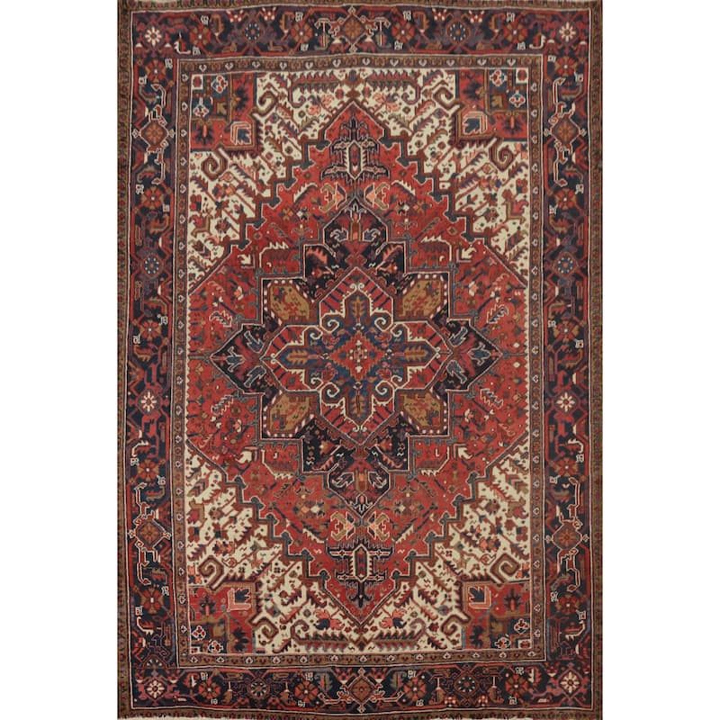 Hand Knotted Oriental 100% Wool Carpet Traditional Medallion Oranges & Rust Heriz Area Rug - 9' 5'' X 7' 2''
