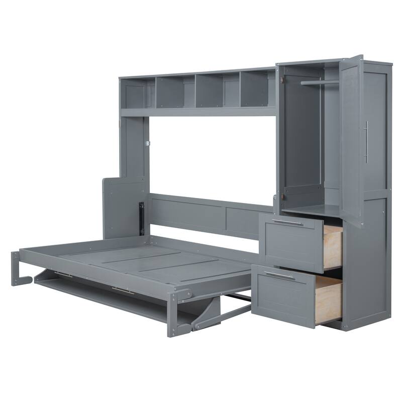 Space-Saving Murphy Bed with Built-in Closet and Drawers in Gray