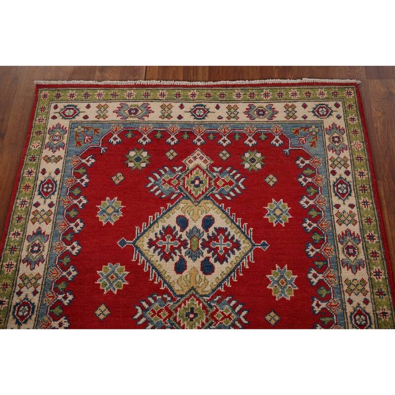 Red Geometric Kazak Accent Rug Hand-Knotted Wool Carpet - 3'5" x 4'10"