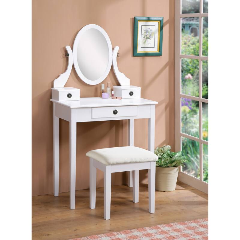 Roundhill Furniture Moniys Wood Moniya Makeup Vanity Table and Stool Set - White