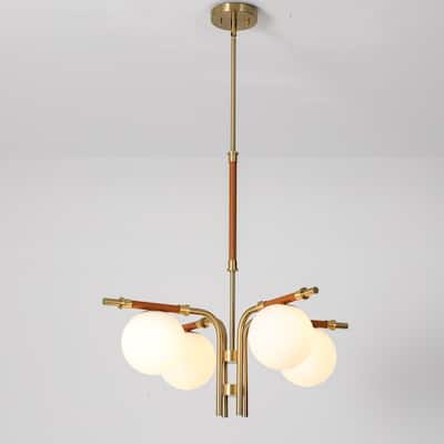 4-Light Mid-Century Modern Gold Linear Sputnik Chandelier with Opal Glass Globe Shades for Living Room, Dining Room, Bedroom