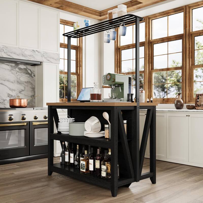 Kitchen Island with Power Outlet & LED Lights, Bakers Rack with Storage, Large Kitchen Island Table with 3 Tier