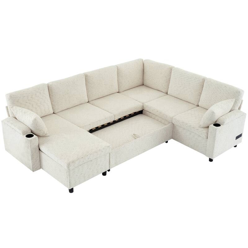U-Shaped Chenille Sectional Sofa with Storage Chaise Lounge, Convertible Sleeper Sofa Bed with Cup Holders & Charging Ports
